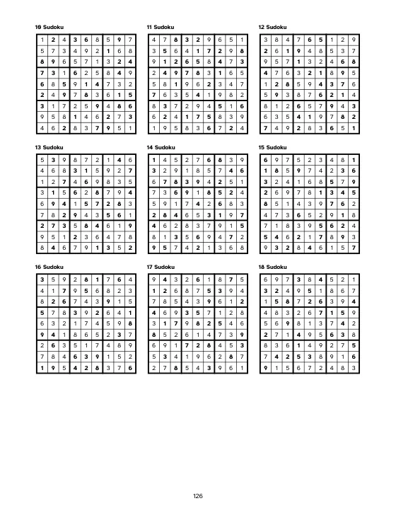 An answer key page with nine solved Sudoku grids